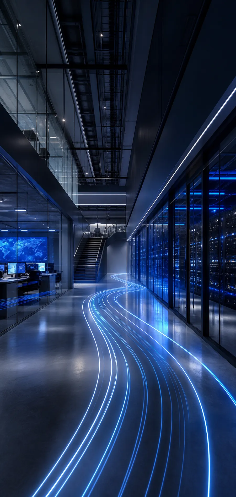 Modern technology operations environment with connected blue data paths moving forward